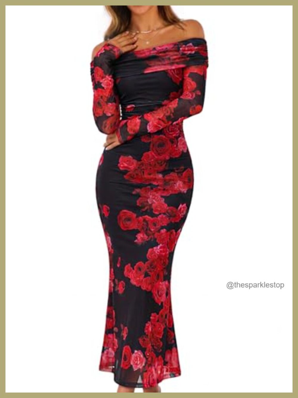 Womens Off Shoulder Floral Bodycon Long Sleeve Maxi Dress Wedding Guest